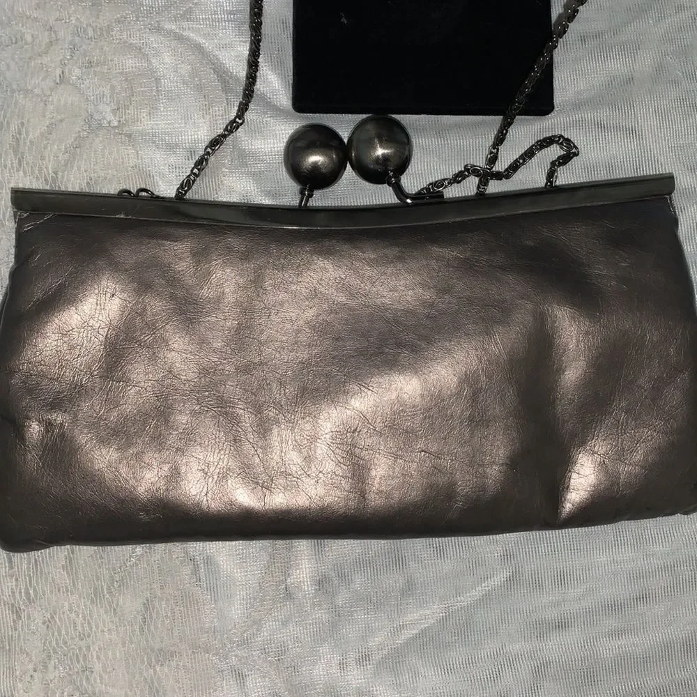 Jessica McClintock faux Leather kiss lock clutch in bronze